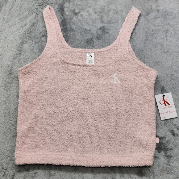 NEW Calvin Klein Top Womens L Pink CK One Plush Lounge Tank Baby Terry Crop Logo - Picture 1 of 13